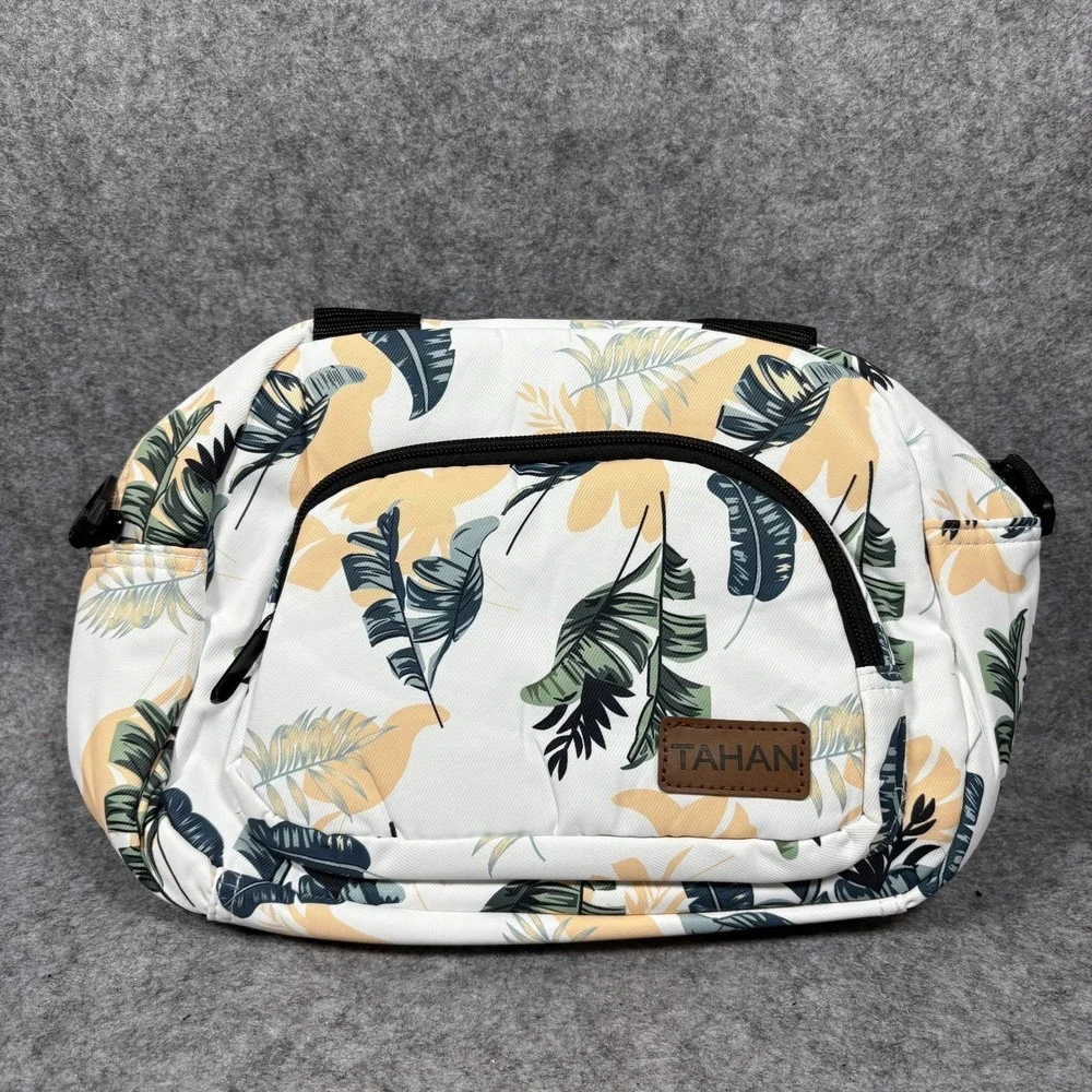 Tahan Tropical Leaf Insulated Lunch‎ Bag Medium White Floral Crossbody Strap
